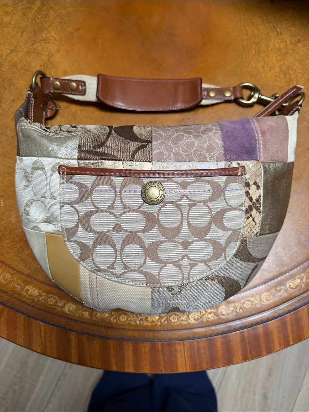 Coach Patchwork Signature Shoulder Bag in Taupe and Beige